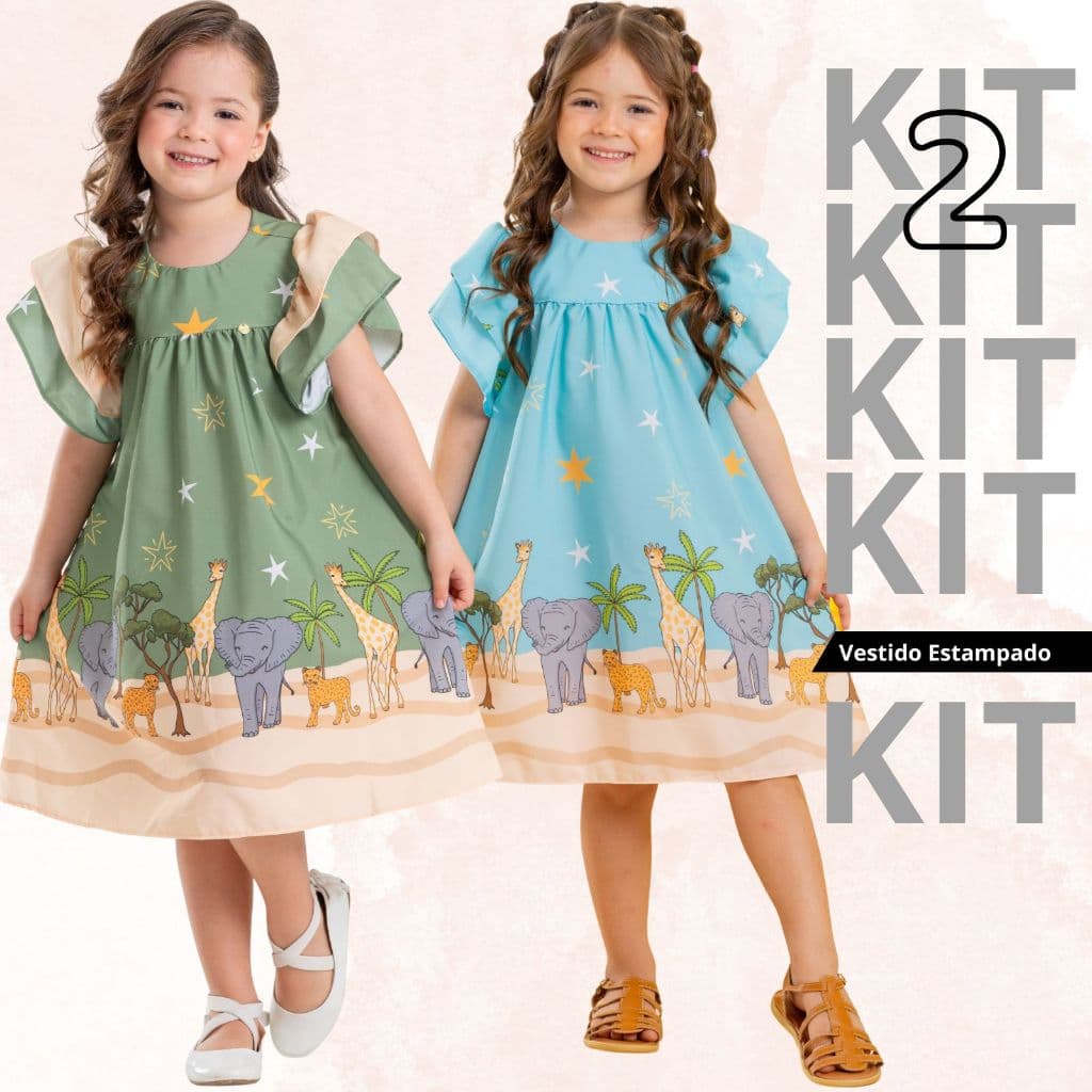 Kit 2 Vestidos Infantil Princesa Luxo Casual Cores e Estampas Dia-a-Dia