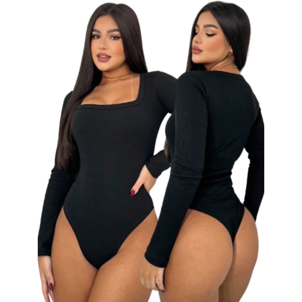 Body Casual Feminino Decote Quadrado Forrado Manga Comprida Tecido Suplex Básico Bori Outono Inverno