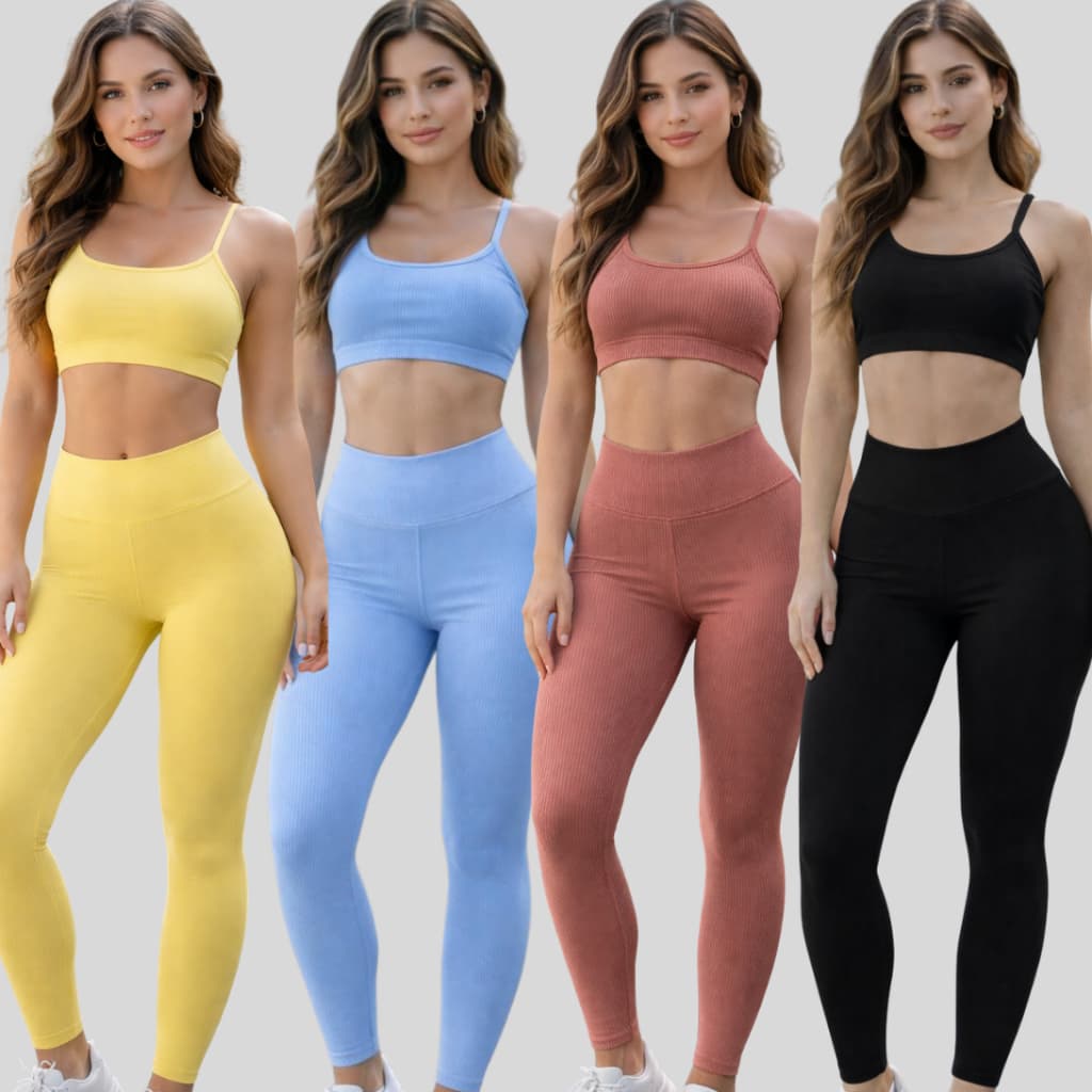 Conjunto Fitness Slim Calça Legging e Top  Canelado Zero Transparência Blackout Academia Crossfit