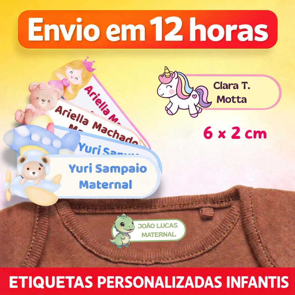 Etiqueta Personalizada Termocolante 6 x 2 cm – Para Uniformes, Roupas de Creche e Viagens