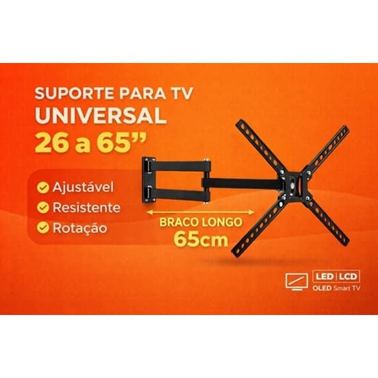 Suporte Tv Parede Braço Longo de 65cm Tri Articulado Com Inclinação Até 65"