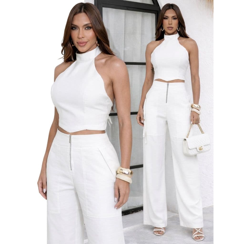 Conjunto Alfaiataria Feminino Cropped Calça Pantalona Longo Bojo