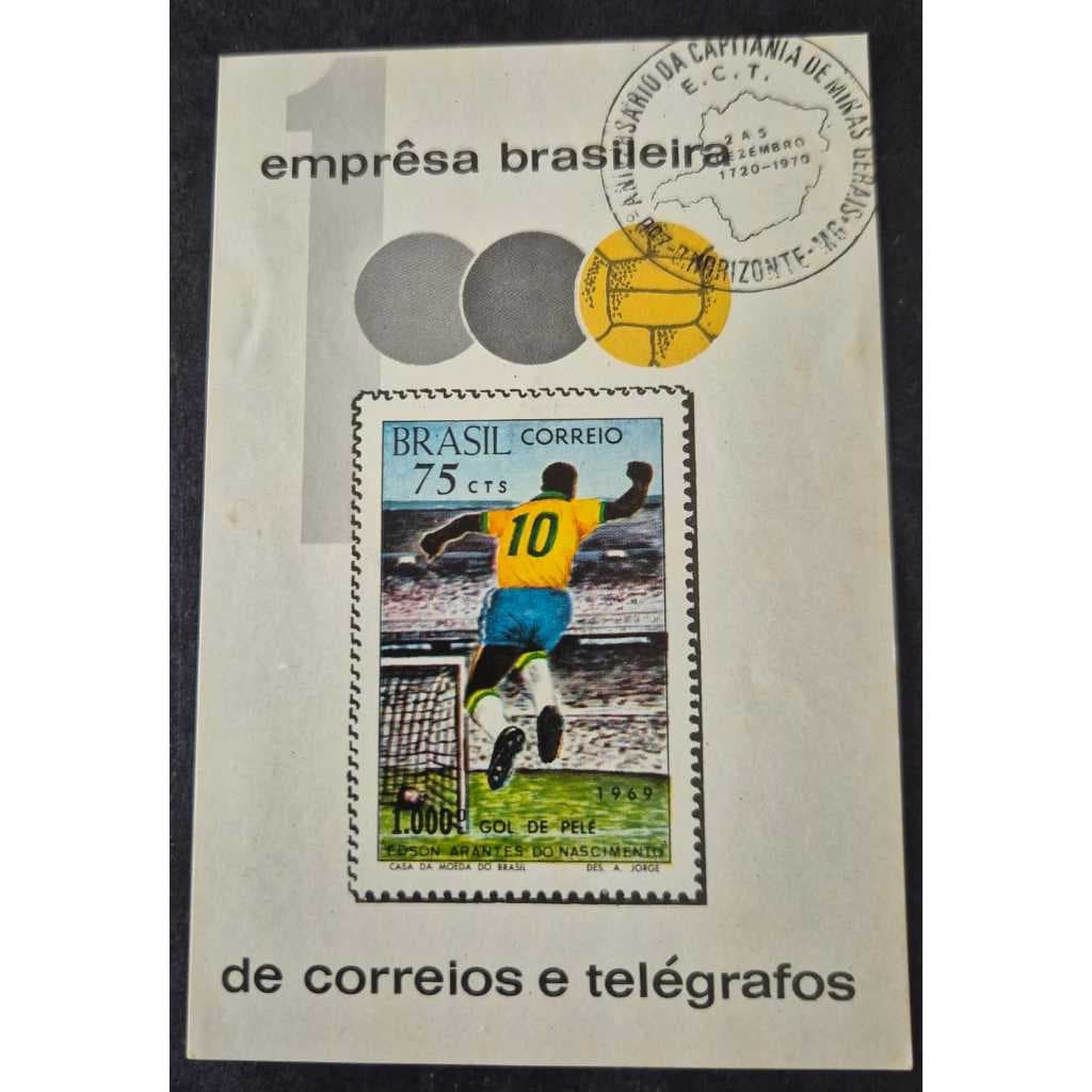 Bloco Filatélico Milésimo Gol De Pelé 1970 Rhm B28 com carimbo de 1º dia de circulação.