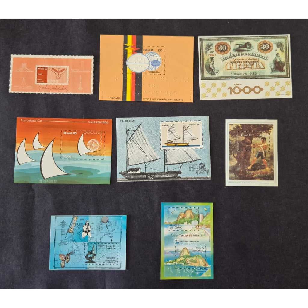 Lote com os Blocos B14, B37, B40, B44, B45, B48, B74 e B93. Selos dos correios do Brasil.
