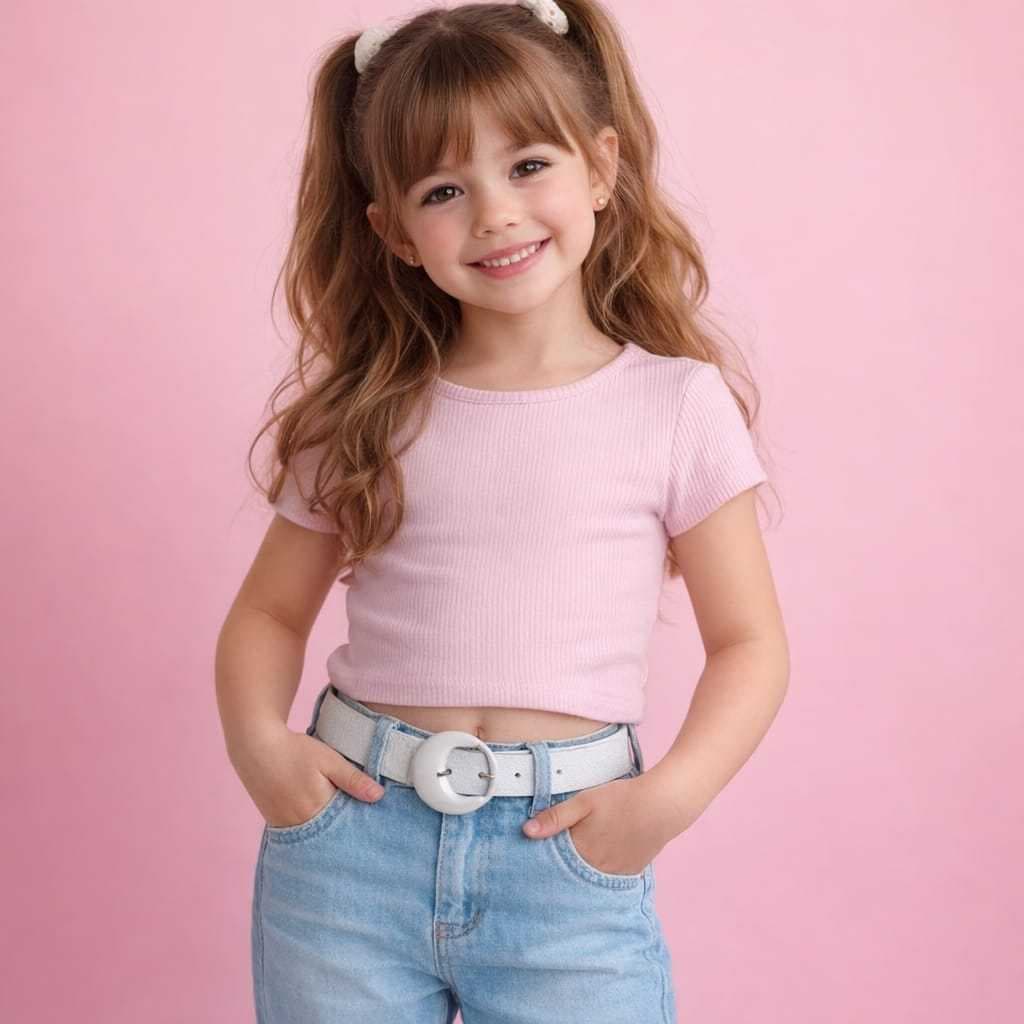 Cinto Infantil Menina Ajustável em Couro Rosa ou Branco Sintético Com Fivela Meia Lua Ajustável 80cm
