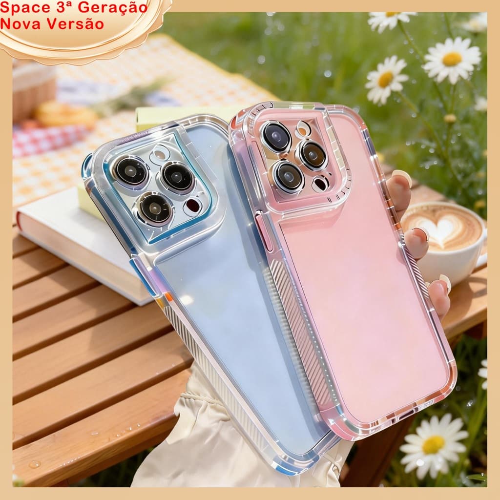 Capa Space 3ª Geração Transparente Colorido para iPhone 11 12 13 14 15 16 17 Pro Max Proteção Anti-Choque da moda