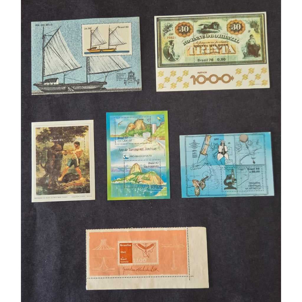 Grande oferta 6 blocos de selos dos correios do Brasil, Blocos B14, B40, B45, B48, B74 e B93.