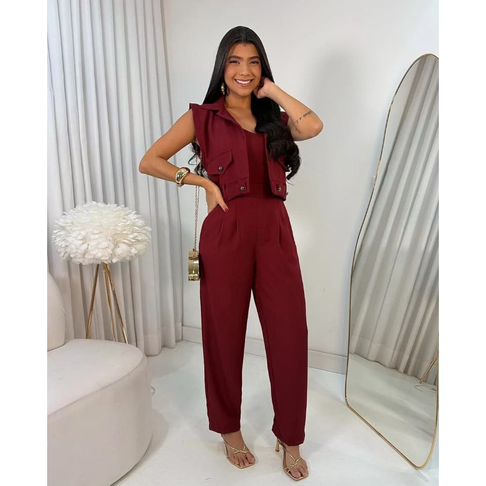 Macacão Conjunto feminino Alfaiataria Vitória com alça e zíper nas costas + colete, tendencia social