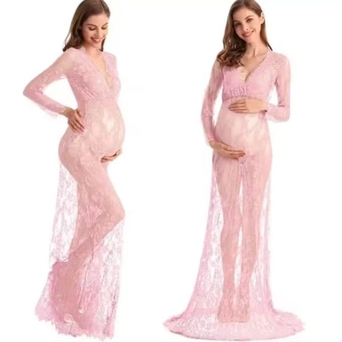 Vestido de Renda para ensaio Gestante ou Saída de Praia Sobreposição Rosa Claro