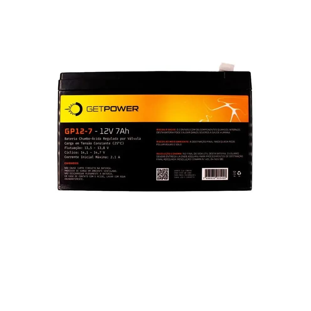 Bateria Getpower 7Ah / 12V – Para Nobreak, UPS, Balanças, Portão Eletrônico, Interfones.