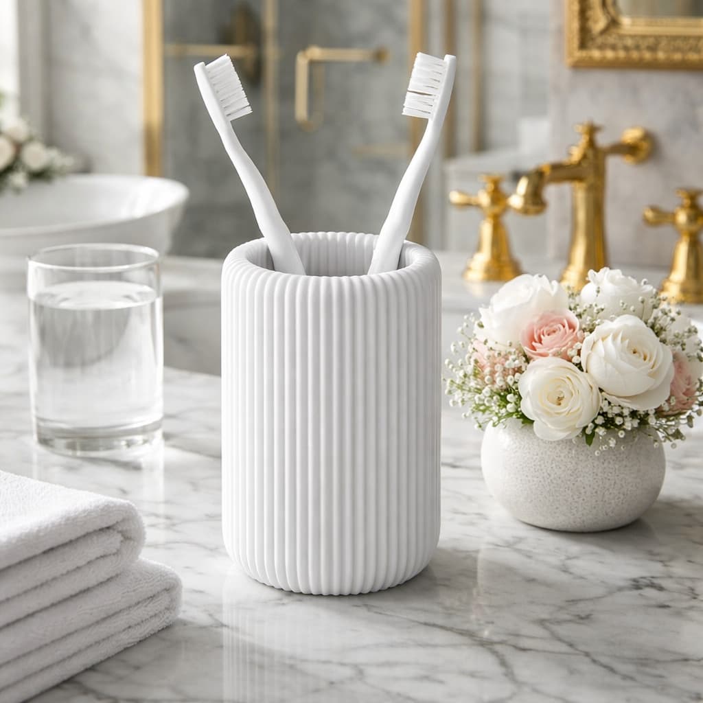 Copo Porta Escovas De Dente Premium Branco Texturizado Slim para Bancadas