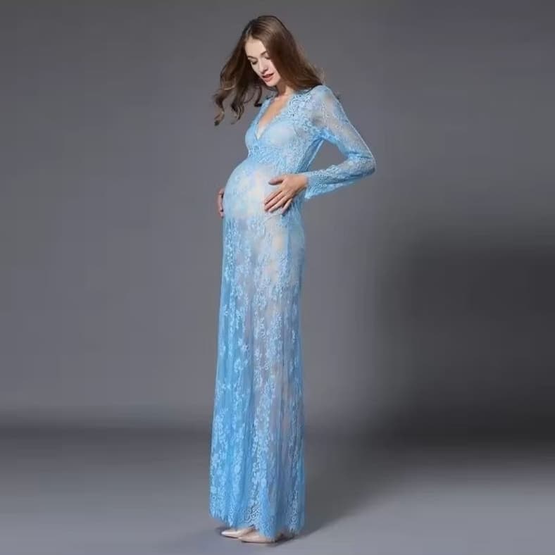 Vestido de Renda Ensaio Gestante Saída de Praia ou Sobreposição Azul Claro