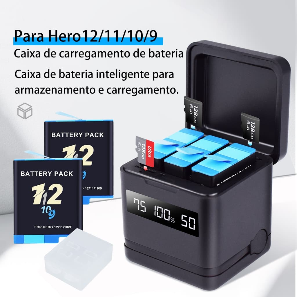 Kit Carregador De Câmera Gopro 3.85V 2000mAh 2 Decodificação Baterias Para Gopro Hero 9 10 11 12 Preto
