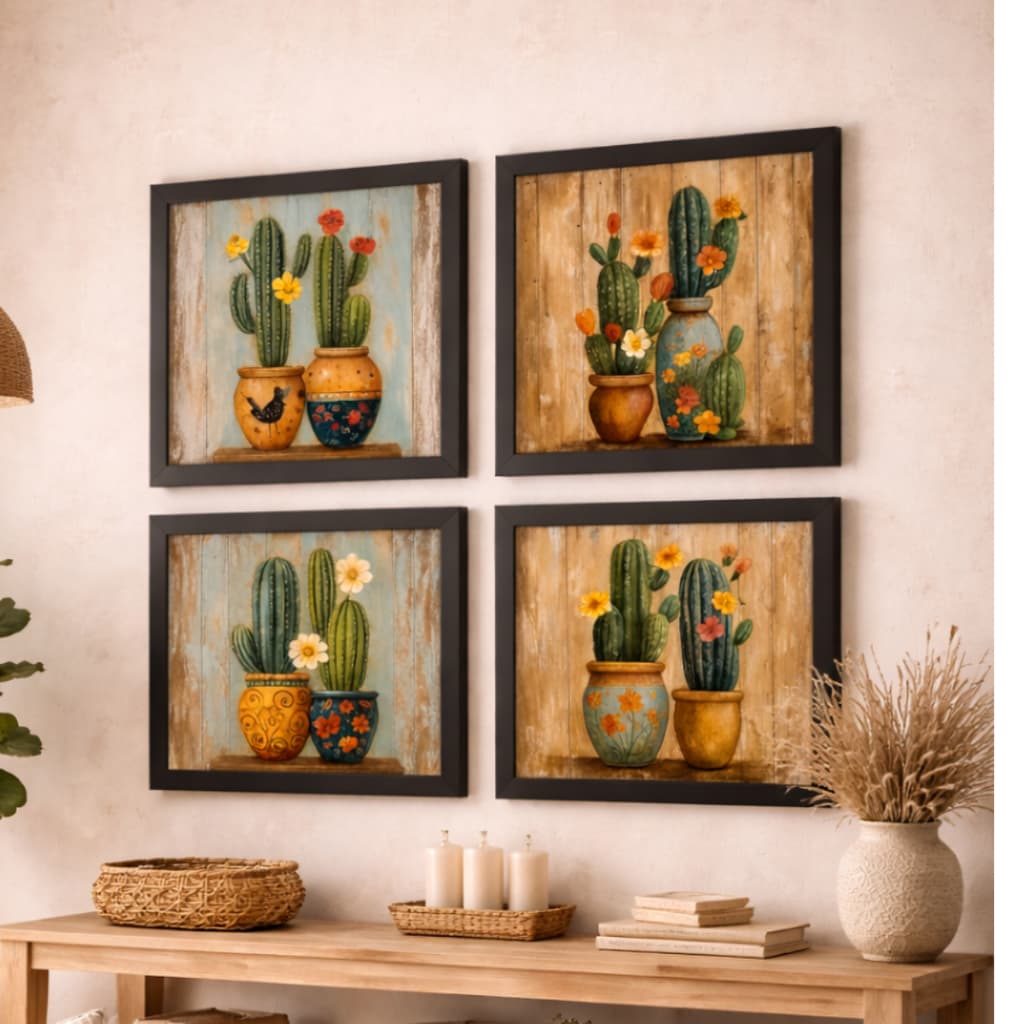 Kit 4 Quadros Decorativos Cactos, Flores, rústico 20x20 cm