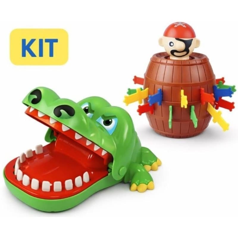 Kit Jogo Jacaré Dentista + Barril do Pirata Infantil | Brinquedo Educativo Diversão Família