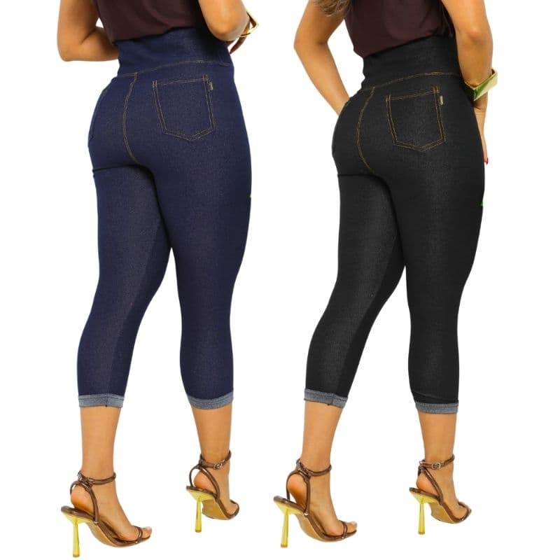 Calça Capri Corsário Legging 3/4 Feminina Jeans Cotton com Bolso Confortável