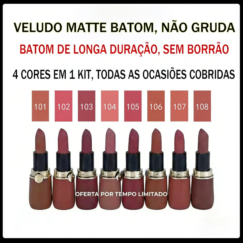 Kit 4 Batom Fosco Veludo 4/8 Cores Aveludado, Hidratante, Longa Duração, à Prova D'água