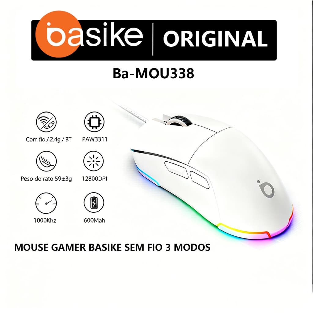 MOUSE GAMER BASIKE SEM FIO 3 MODOS | CONEXÃO BLUETOOTH 5.1, 2.4G e USB | RGB, 12800 DPI, RECARREGÁVEL