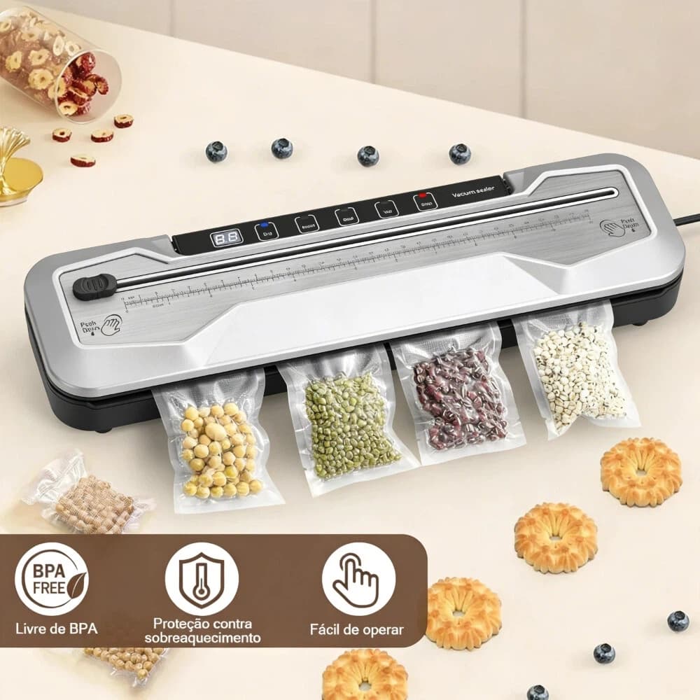 220V Máquina Seladora a Vácuo para Uso Seco e Úmido, 5 Modos, Inclui Cortador, Sucção Externa e Kit Completo