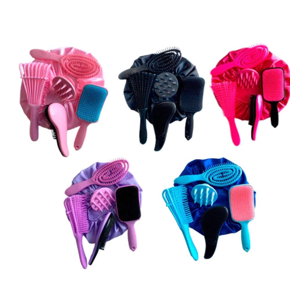 Kit 5 Escovas Cabelo Flex Raquete Fashion Polvo Escova Mágica Massageador Silicone Touca CETIM