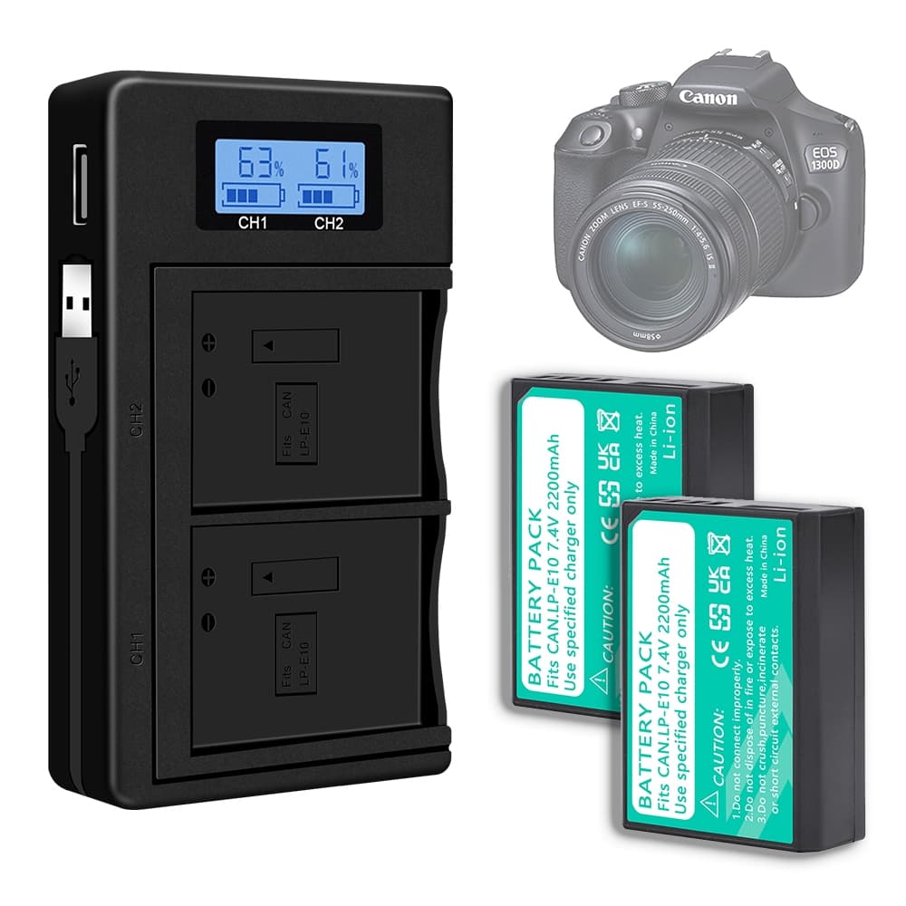 Carregamento De Câmera Lp-e10 7.4V 2200mAh 2 Bateria Decodificado Para Canon T3 T5 T6 T7 T100 1100D 1200D