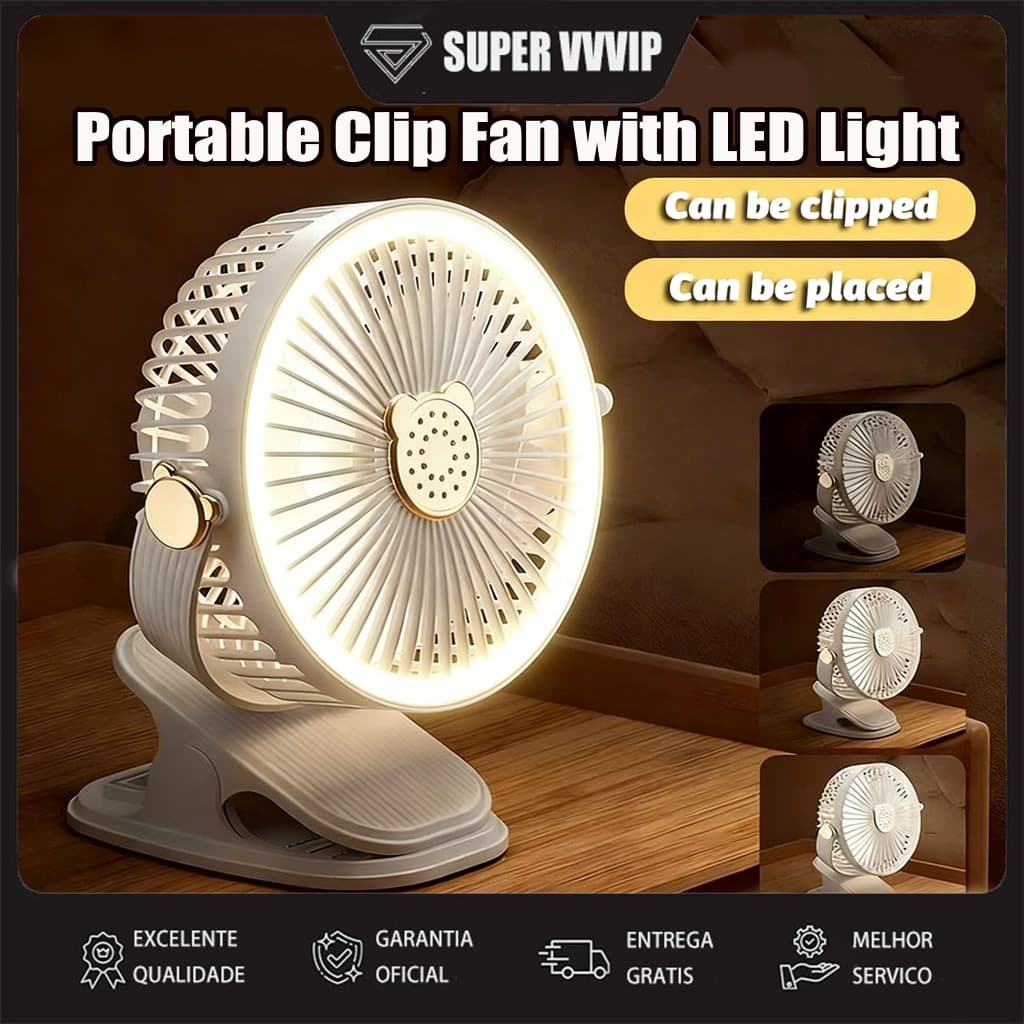 【Brasil Spot Sale】Ventilador Clip Portátil 5 Velocidades Luminária LED USB 720 Rotação Potente