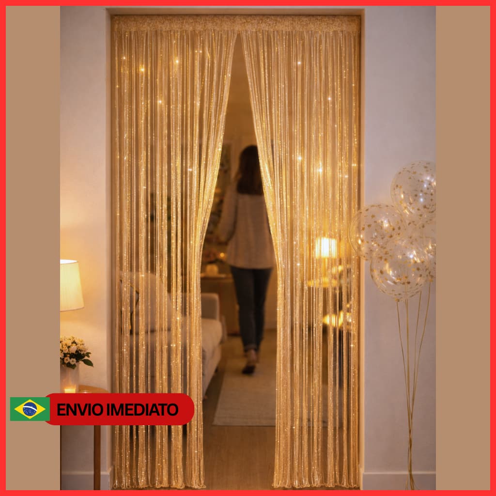 Cortina Decorativa de Porta Champagne com Brilho / Fios Metalizados para Festa e Ambiente 1x2m