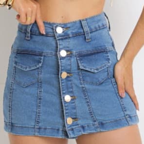 Short saia Cargo , Jeans Feminino, Bolsos frontal, curto, Modelagem Levanta Bumbum, CINTURA ALTA.