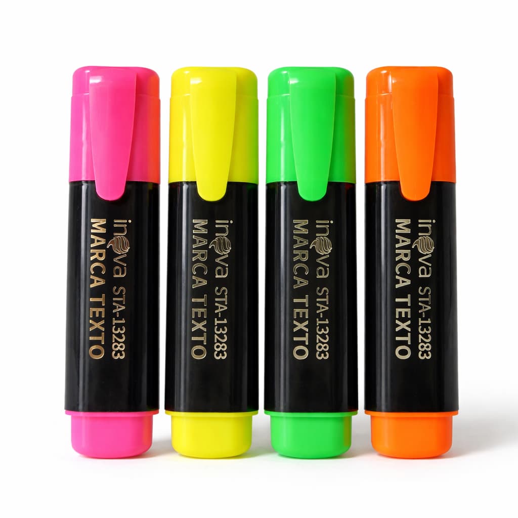 Kit 4 Marca Texto Inova Cores Neon Escolar Ponta Chanfrada Premium