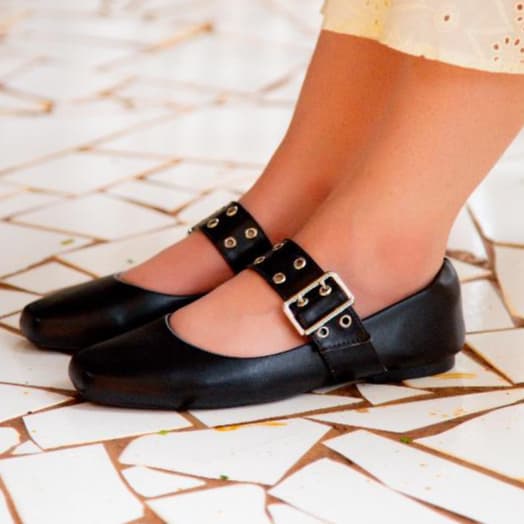 Sapatilha Boneca Sapato Feminino com Ilhós Bico Quadrado