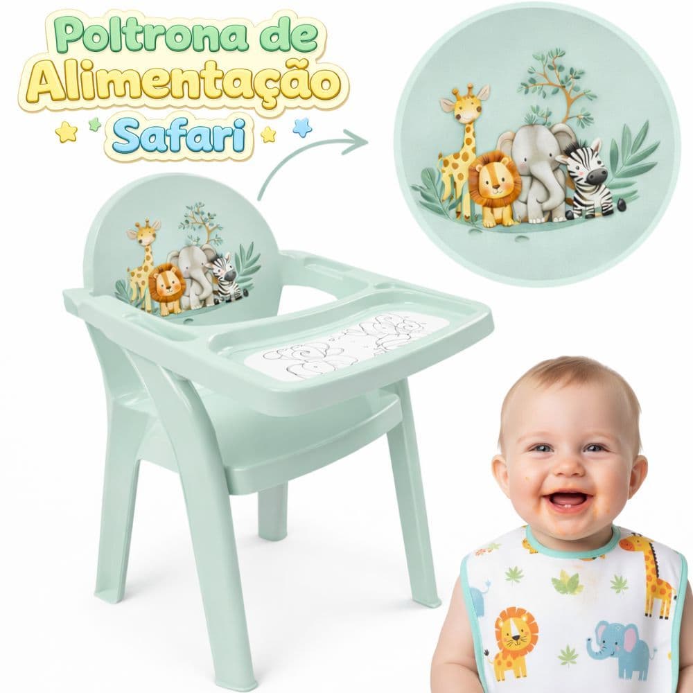 Cadeira de Alimentação Infantil Safari Animais com Bandeja – Bebê Confortável e Segura – Suporta até 53kg