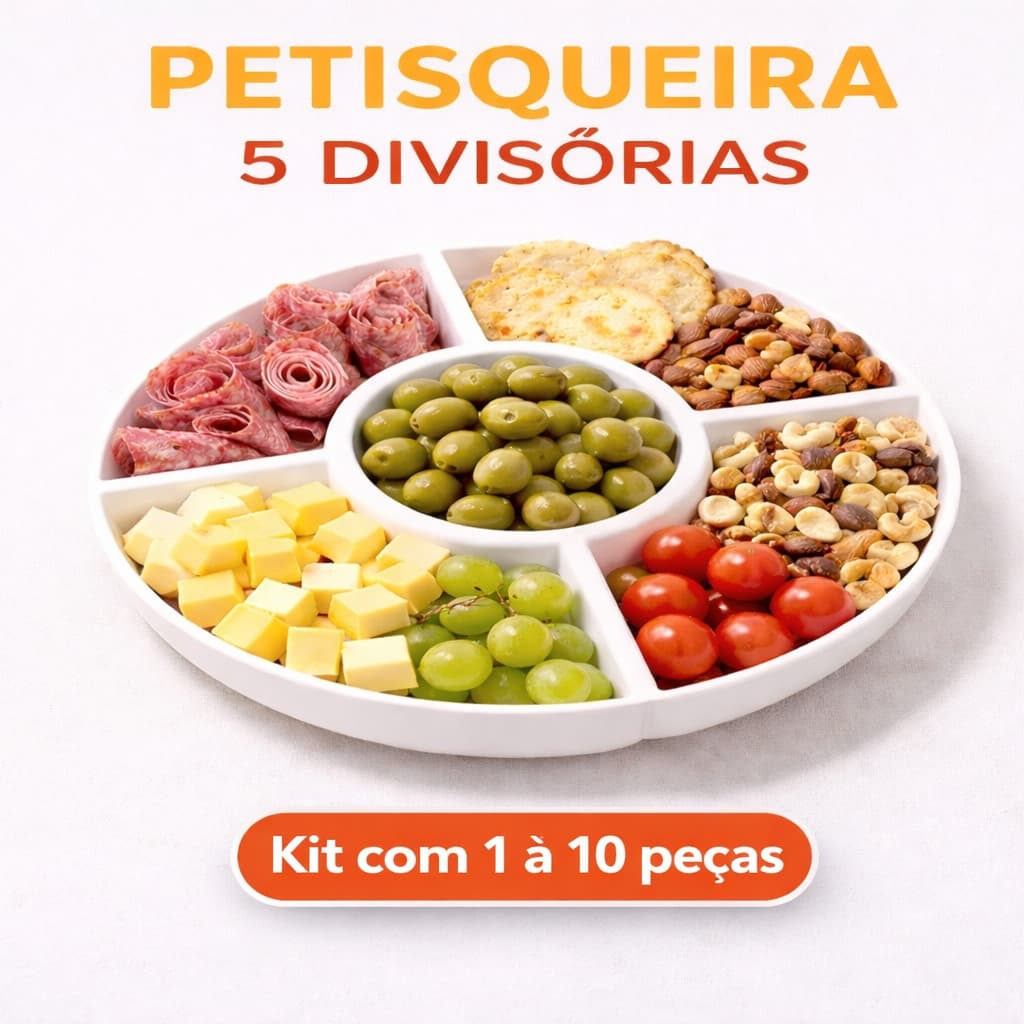 Kit 1 á 10 Petisqueira 25 cm Petiscos Prato Redondo Petisqueira 5 Divisórias Queijos Amendoim Fondue