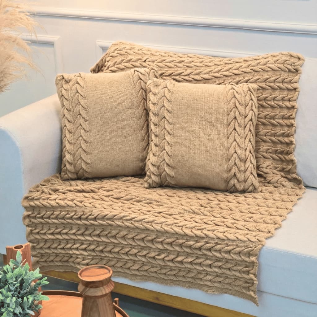 Kit Manta de Tricot Sofá Poltrona 150x100cm Aconchego Decorativa Sala +  2 Capas de Almofadas 45X45cm