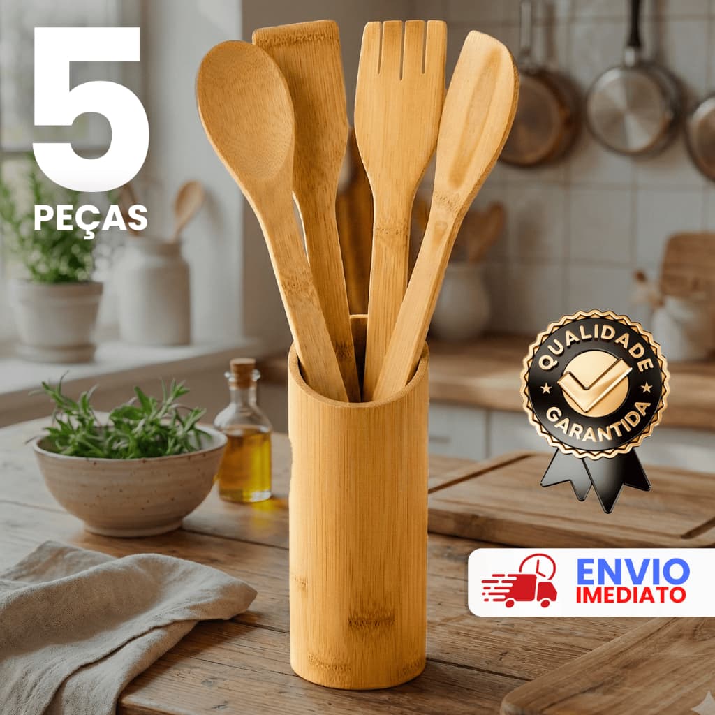 Conjunto 05 Utensílios de Bambu com Suporte Cozinha Sustentável