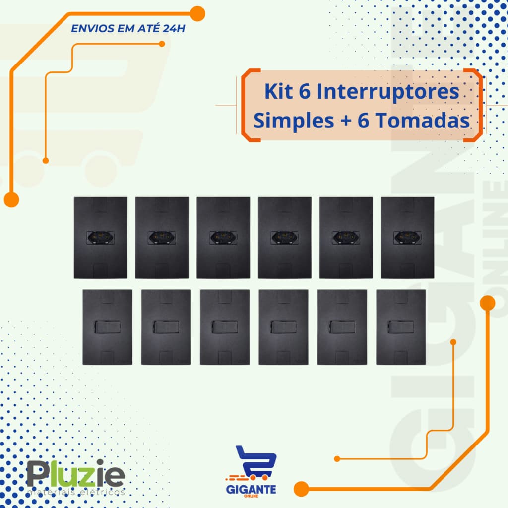Kit 12 Conjunto Embutir 4x2, 6 Interruptor Simples + 6 Tomada 10A Preto Fosco Pluzie