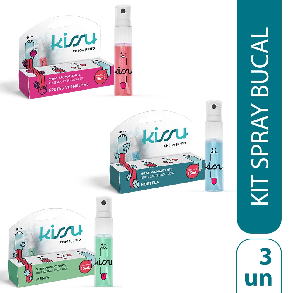 Kissu Spray Bucal 15ml - Kit com 3 (Frutas Vermelhas + Hortelã + Menta)