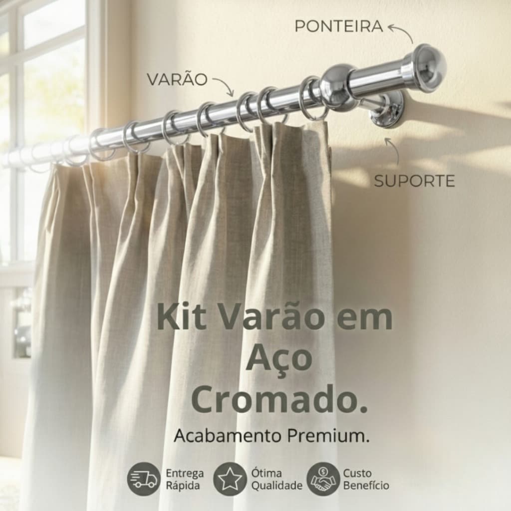 Kit Varão em Aço 28mm com Acabamento Cromado Estilo Sofisticação