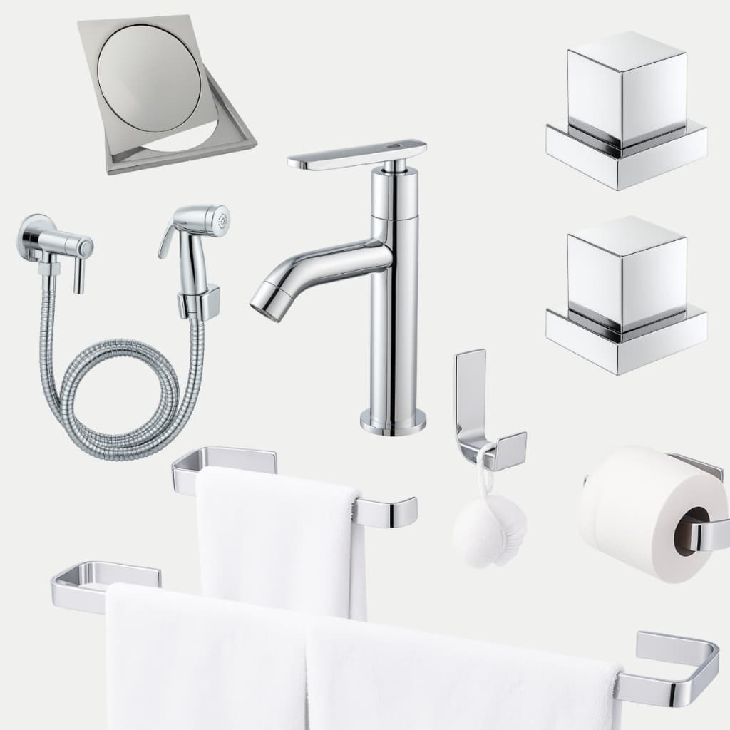 Kit Acessórios de Banheiro Cromado +Torneira Bica alta+ Ducha Higienica+ 02 Acabamento Metal Deca+ Ralo Click 10x10