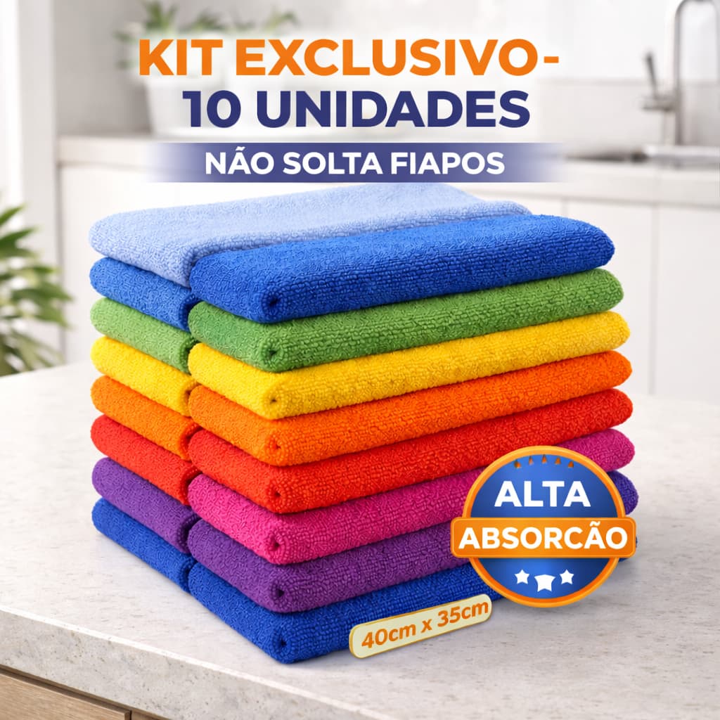 Kit 10 Panos De Microfibra 40x35 Limpeza Geral Multiuso Alta Absorção Não Solta Fiapos