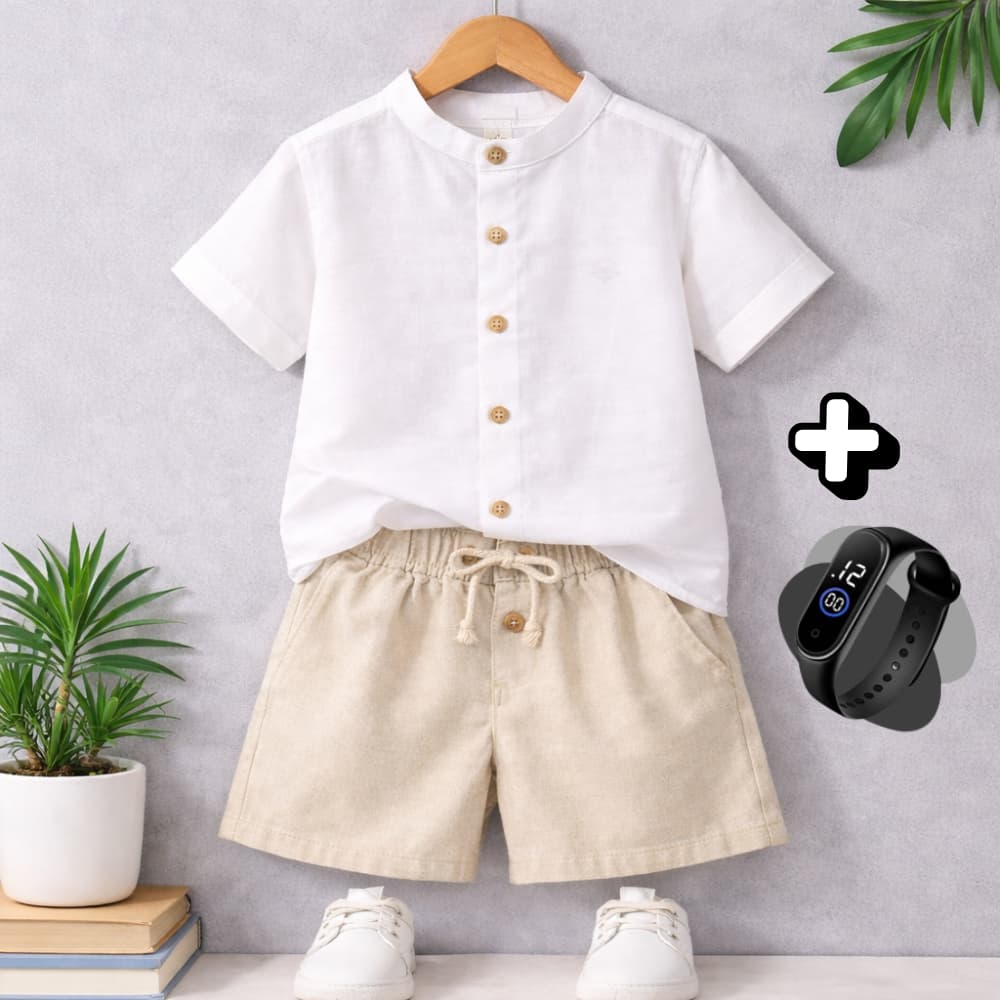 Conjunto Infantil de Verão + Brinde Linho Menino Tendência Short Mauricinho + Camisa Gola padre
