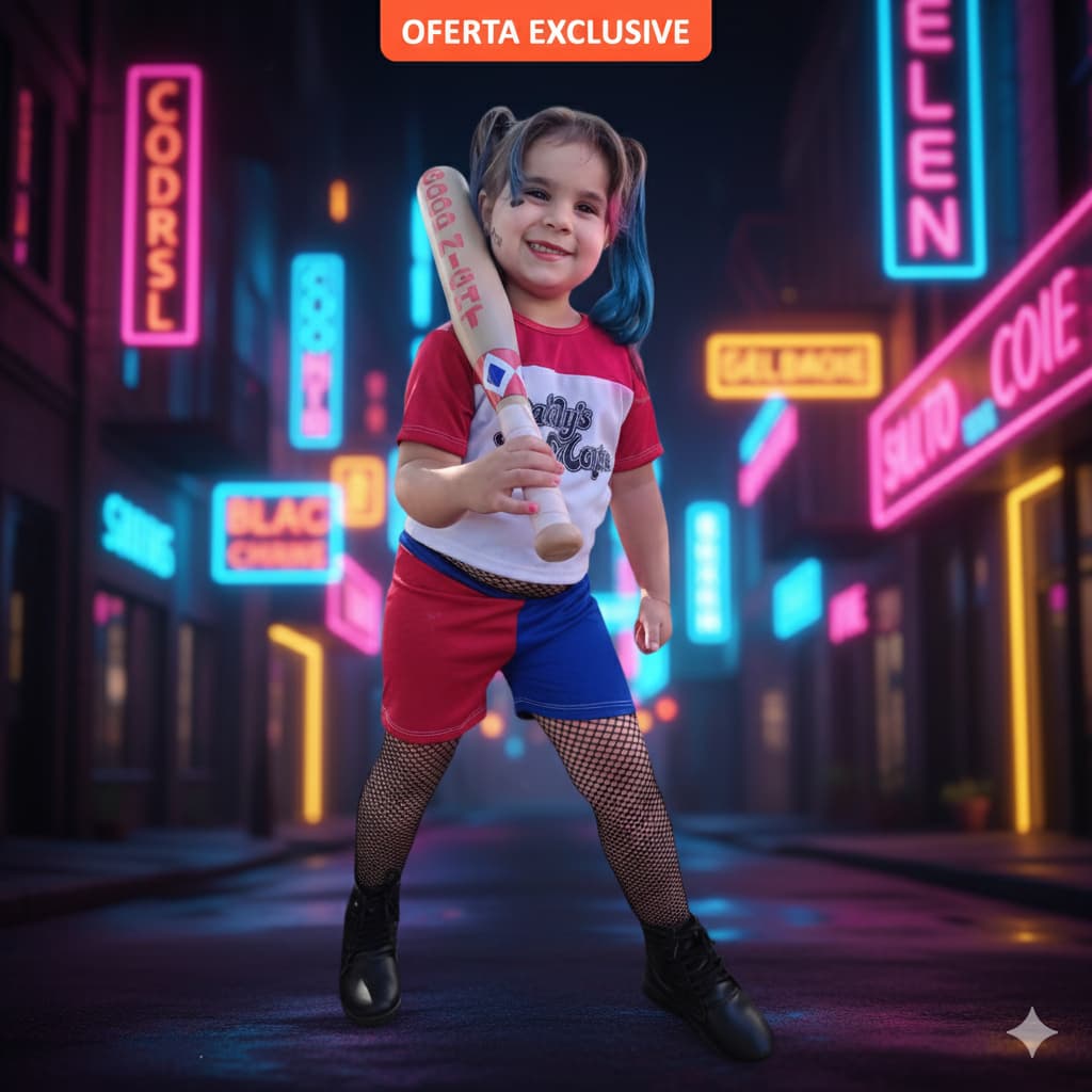 Fantasia Arlequina Infantil - Completa com Taco e Meia Arrastão para Menina Festa