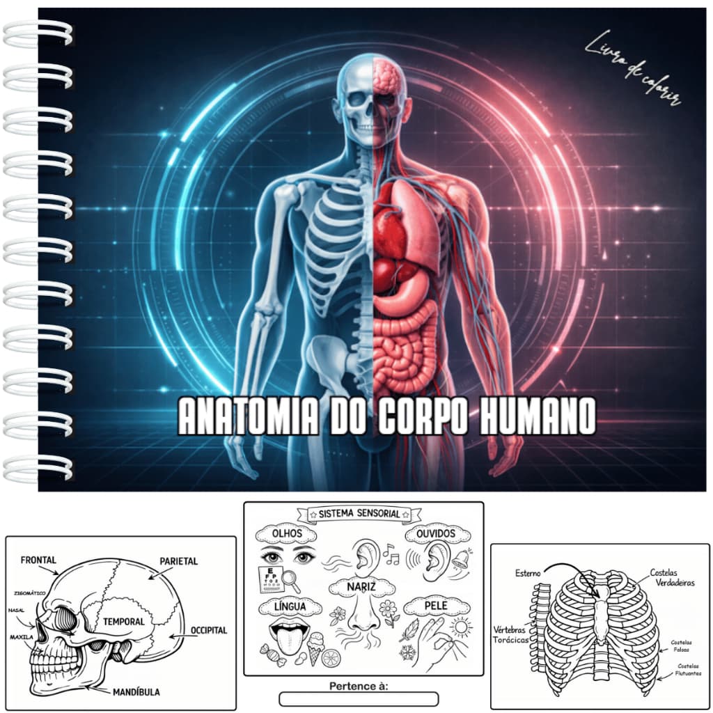 Livro de Colorir Educativo Anatomia do Corpo Humano Capa Dura 50 Folhas 180g + Acetato