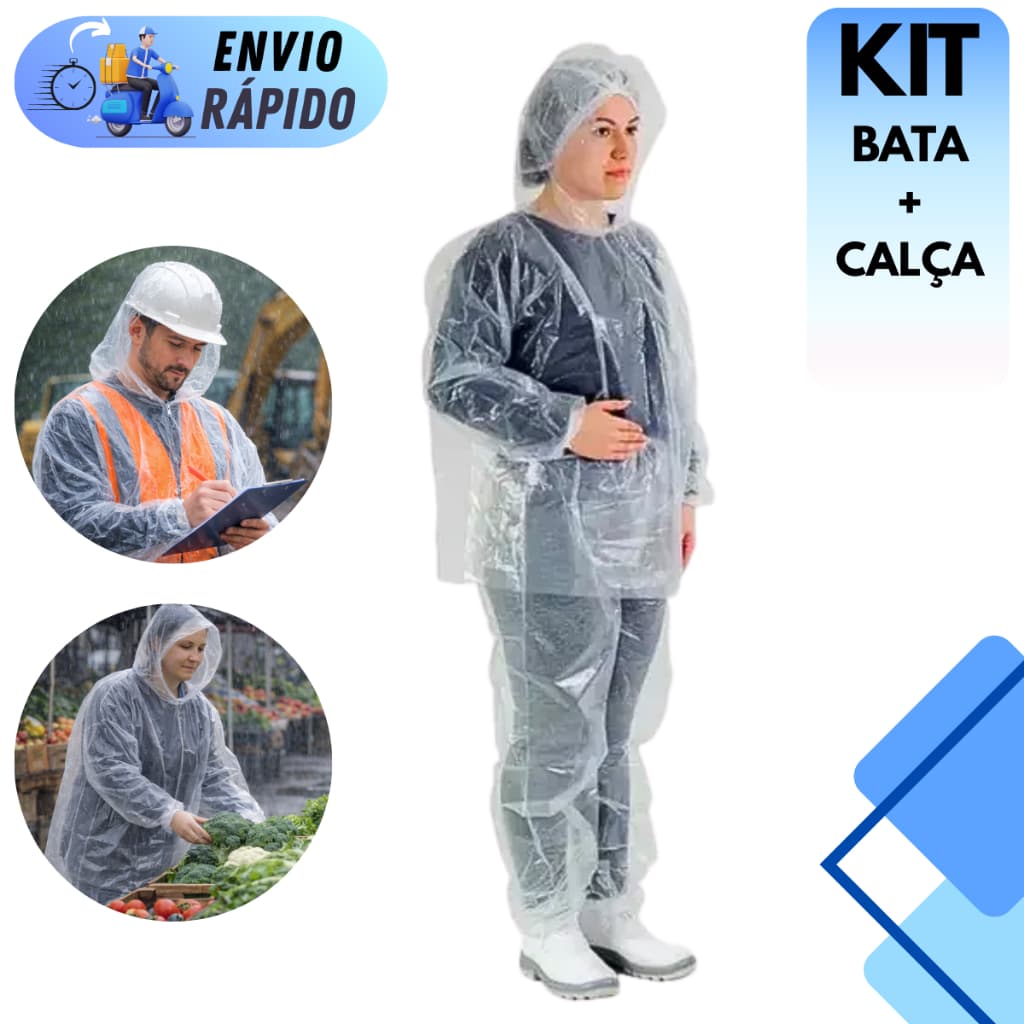 CONJUNTO CAPA DE CHUVA DESCARTÁVEL TRANSPARENTE COM CAPUZ TAMANHO ÚNICO IMPERMEÁVEL MOTO CICLISTA