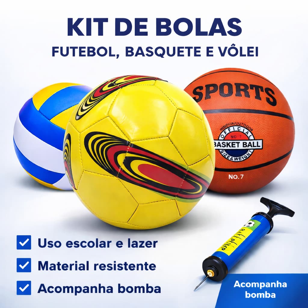 Kit com Bola e Bomba de ar Futebol ou Vôlei ou basquete para Praia Quadra ou Campo