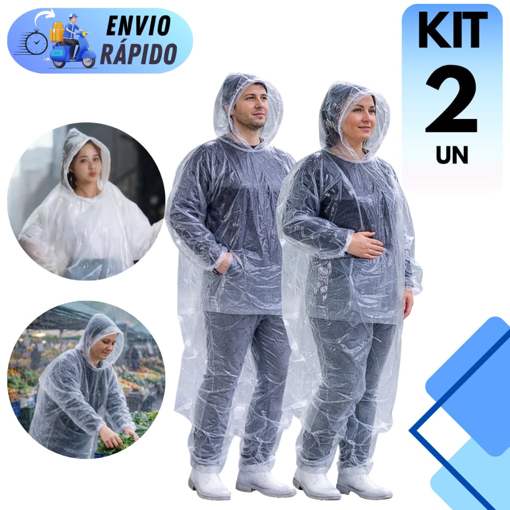 KIT 1 OU 2 UNIDADES CONJUNTO CAPA DE CHUVA DESCARTÁVEL TRANSPARENTE CAPUZ IMPERMEÁVEL COM ELÁSTICO