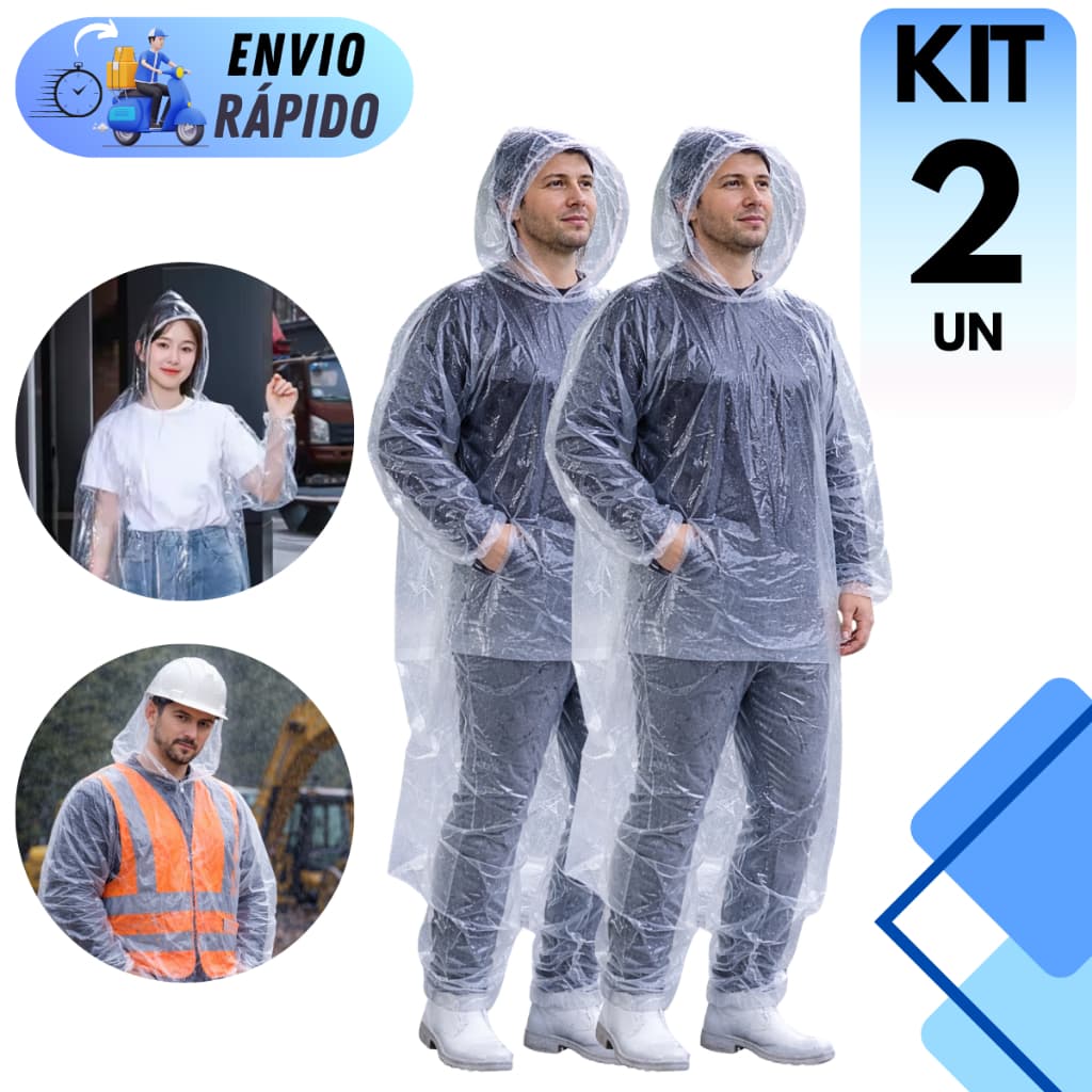 KIT 1 E 2 CONJUNTOS CAPA DE CHUVA DESCARTÁVEL TRANSPARENTE COM CAPUZ IMPERMEÁVEL JAQUETA CALÇA NATAL
