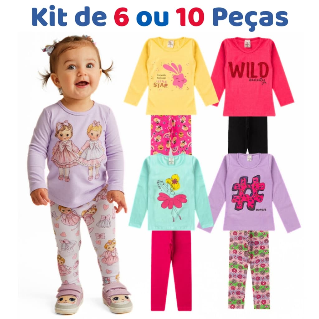 Kit de 6 ou 10 Peças Meia Estação Menina Infantil Conjunto Feminino Frio Outono/Inverno