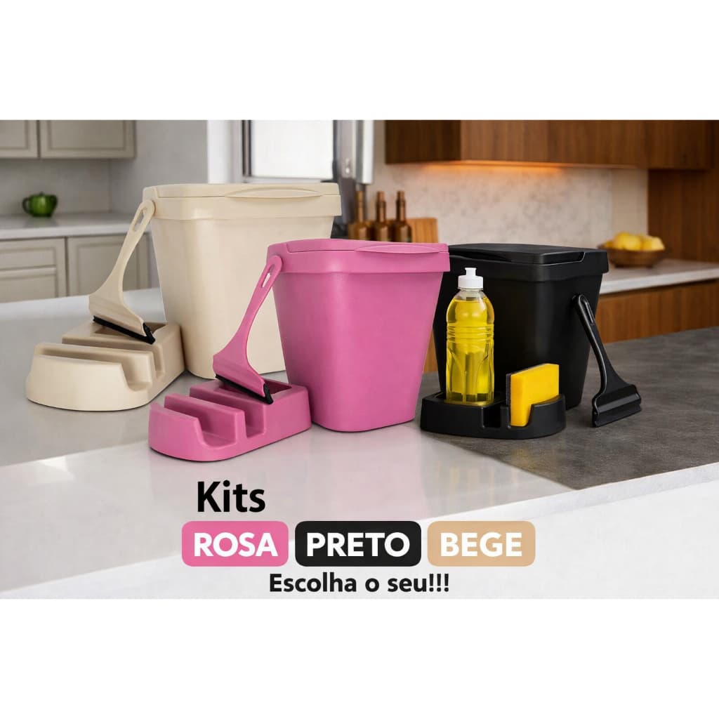 Kit Pia Completo Elegance com Lixeira 4,8L, Porta-Detergente e Rodo de Pia para Cozinha Organizada