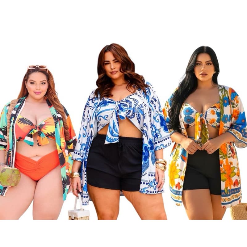Conjunto Kimono Plus Size Feminino Estampado Verão
