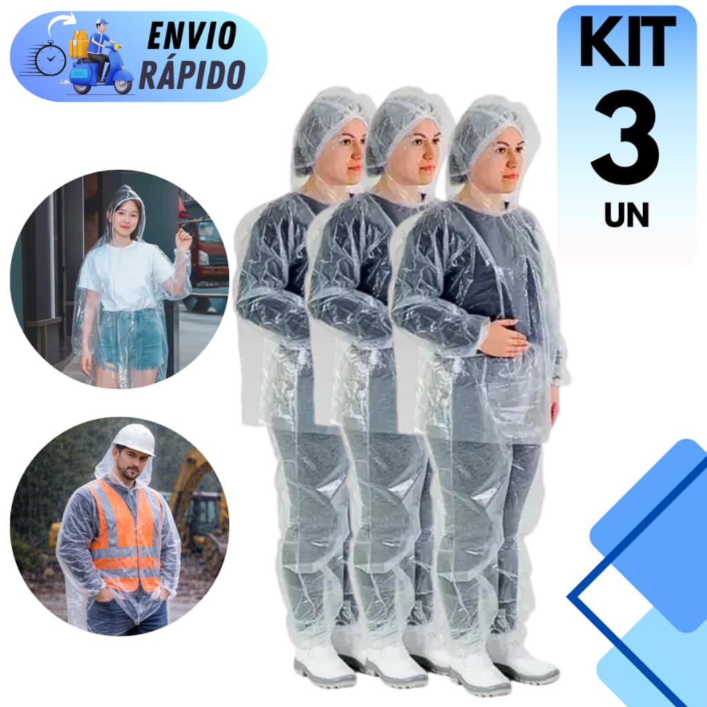 KIT 2 E 3 UNIDADES CONJUNTO CAPA DE CHUVA DESCARTÁVEL TRANSPARENTE COM CAPUZ JAQUETA E CALÇA IMPERMEÁVEL